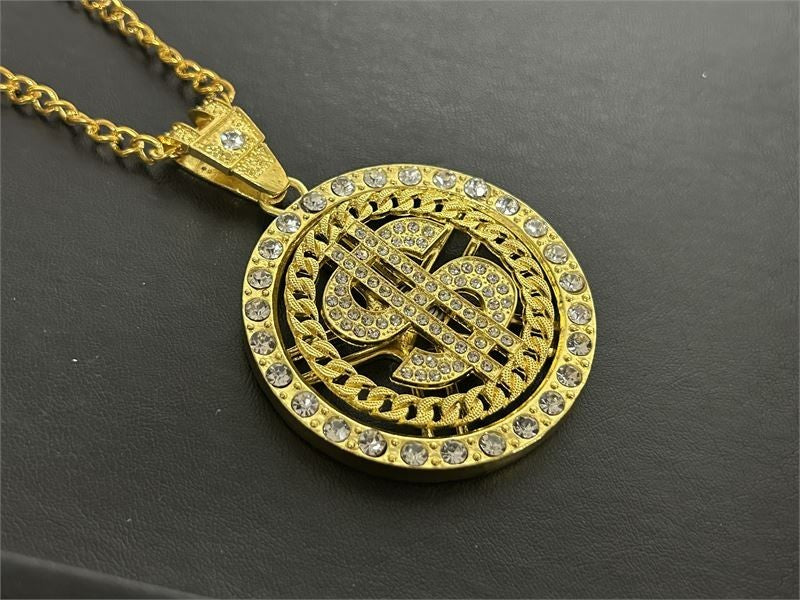 Gold Tone Necklace with Spinner Gold Tone $ Sign Charm