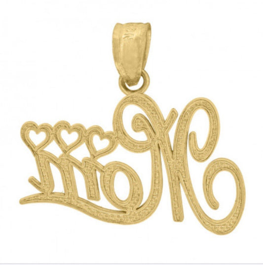 10k Two-Tone Gold Textured Mom Heart Charm Pendant for Women 0.7gm