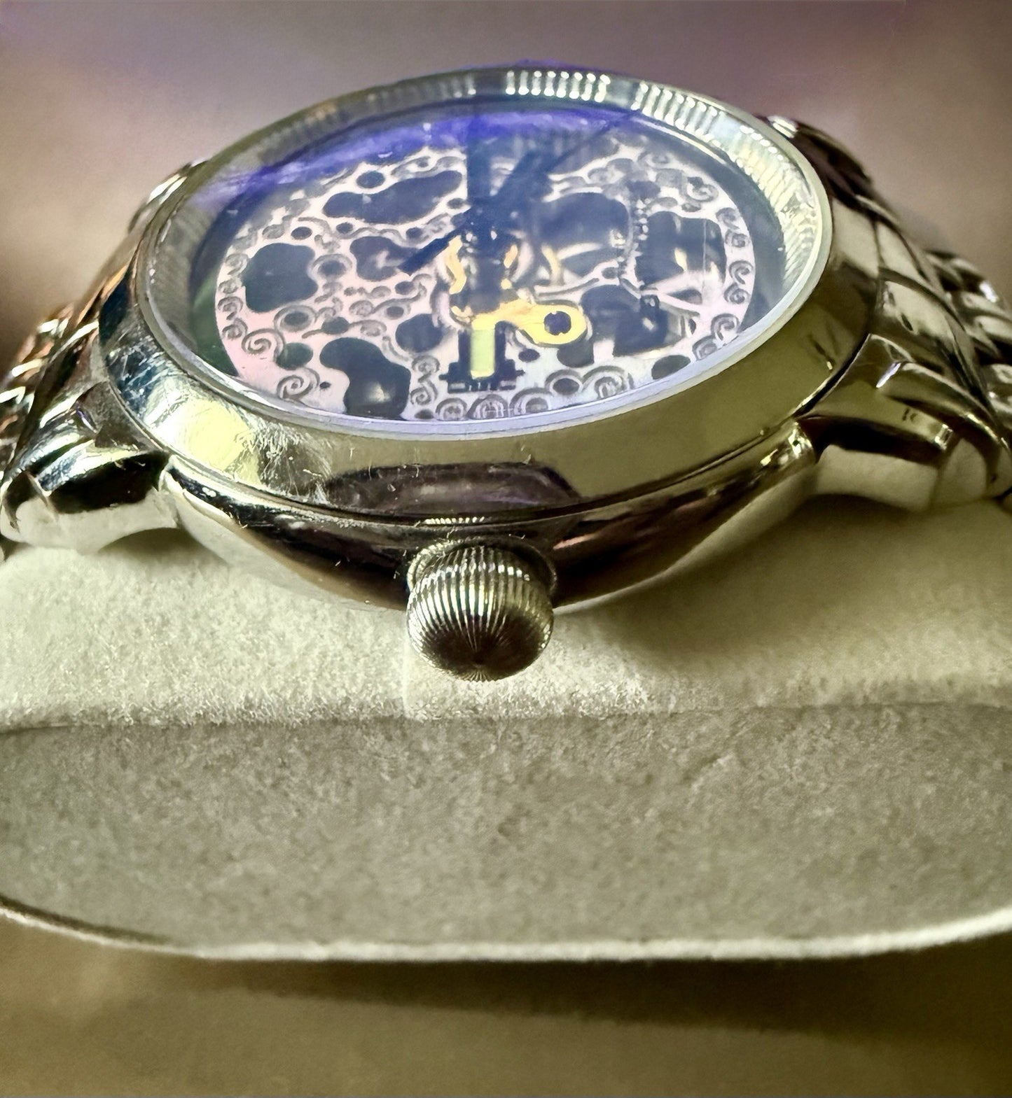 Stuhrling Original Stainless Steel Polished Link Men’s Watch. Skeletonized Dial