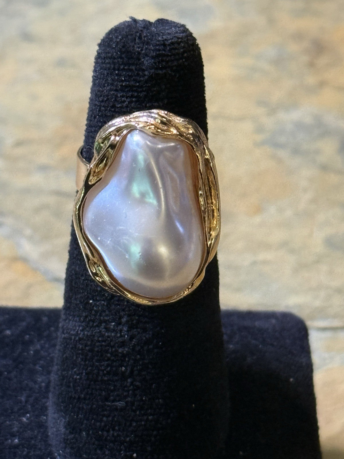 Adjustable Gold Tone Baroque Pearl Ring - Size 8
