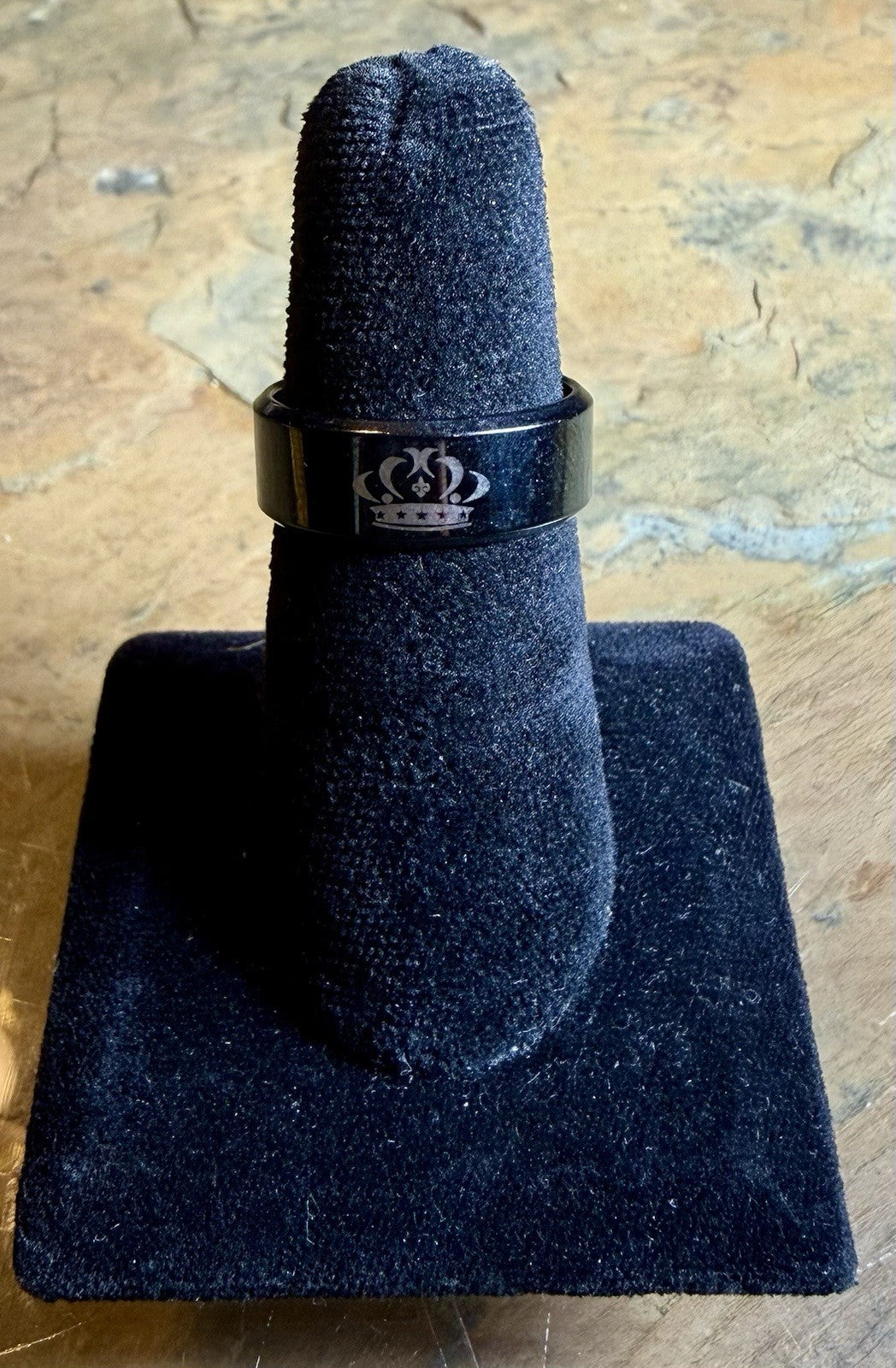 Men’s Black Stainless Steel Laser Engraved Crown Wedding Band - Size 9