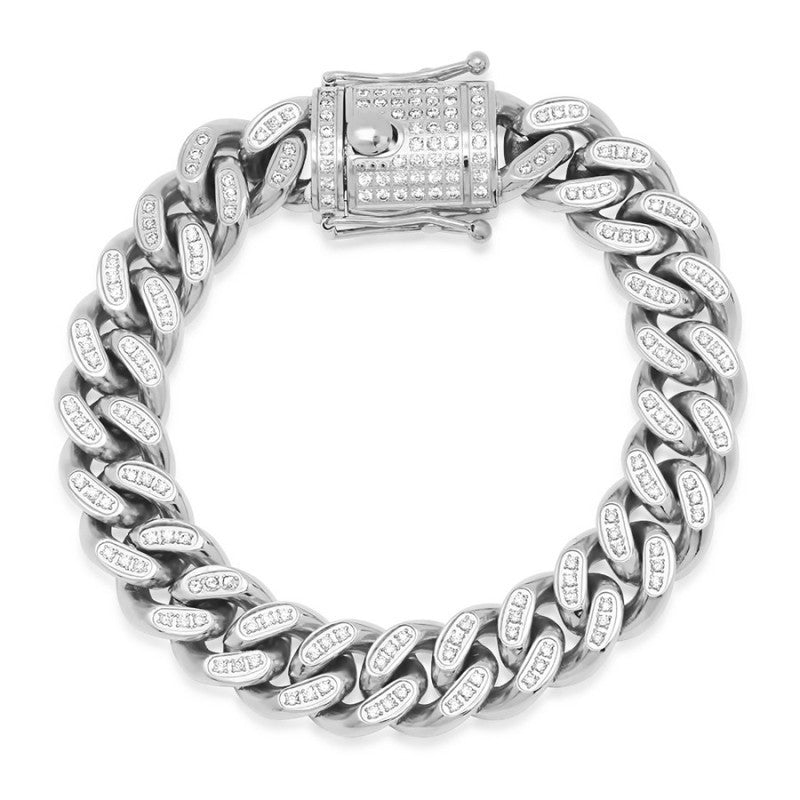 Stainless Steel Men's Cubic Zirconia Curb Bracelet -14mm-9"