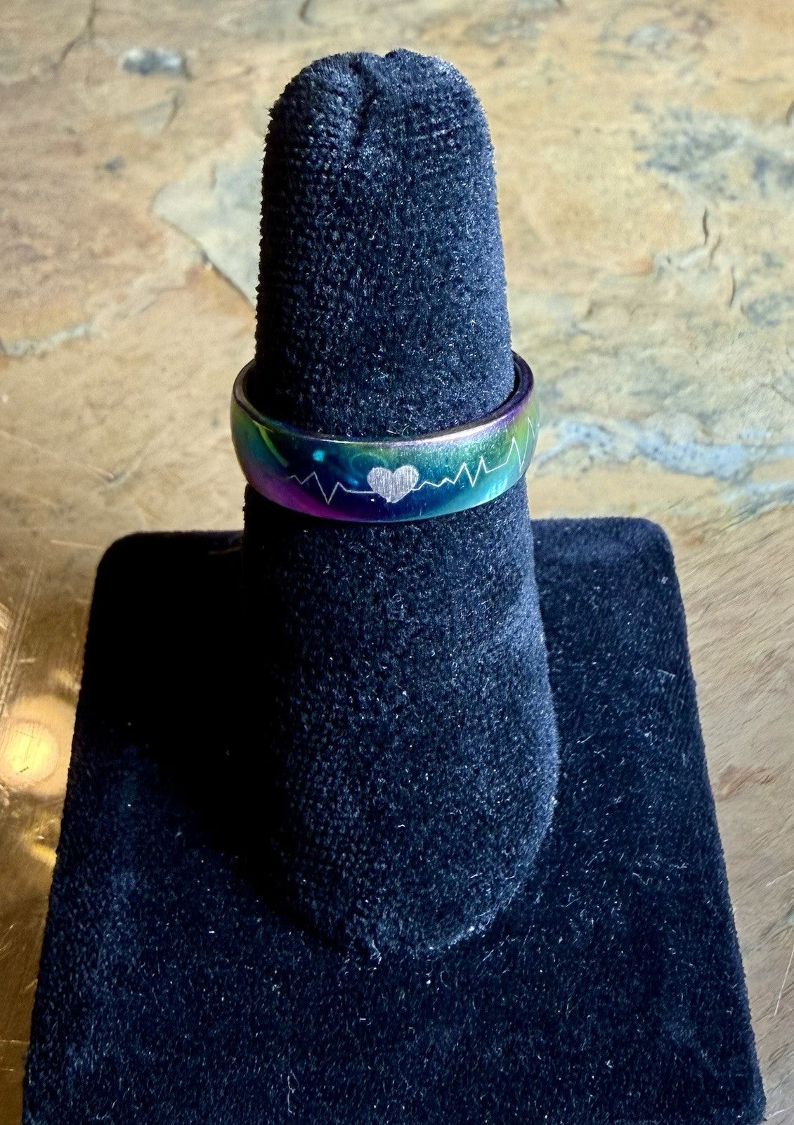 rainbow stainless steel heartbeat ECG mood ring - size 8.25