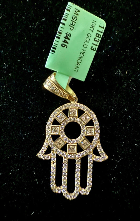 10K Yellow Gold CZ Hamsa Pendant (2.4g)