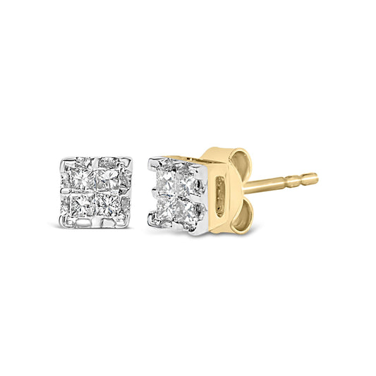 10k Yellow Gold Princess Diamond Quad Stud Earrings (1/4 cttw, J-K Color, I2-I3 Clarity)-1