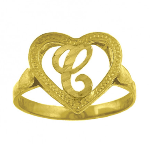 10K Yellow Gold Diamond-Cut Textured Heart Initial Letter C Ring(1.7gms) Size 7