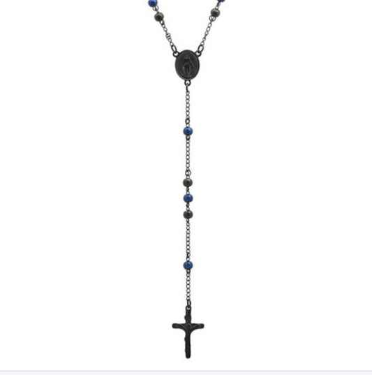 Stainless Steel Mens Black -Tone Rosary Religious Necklace