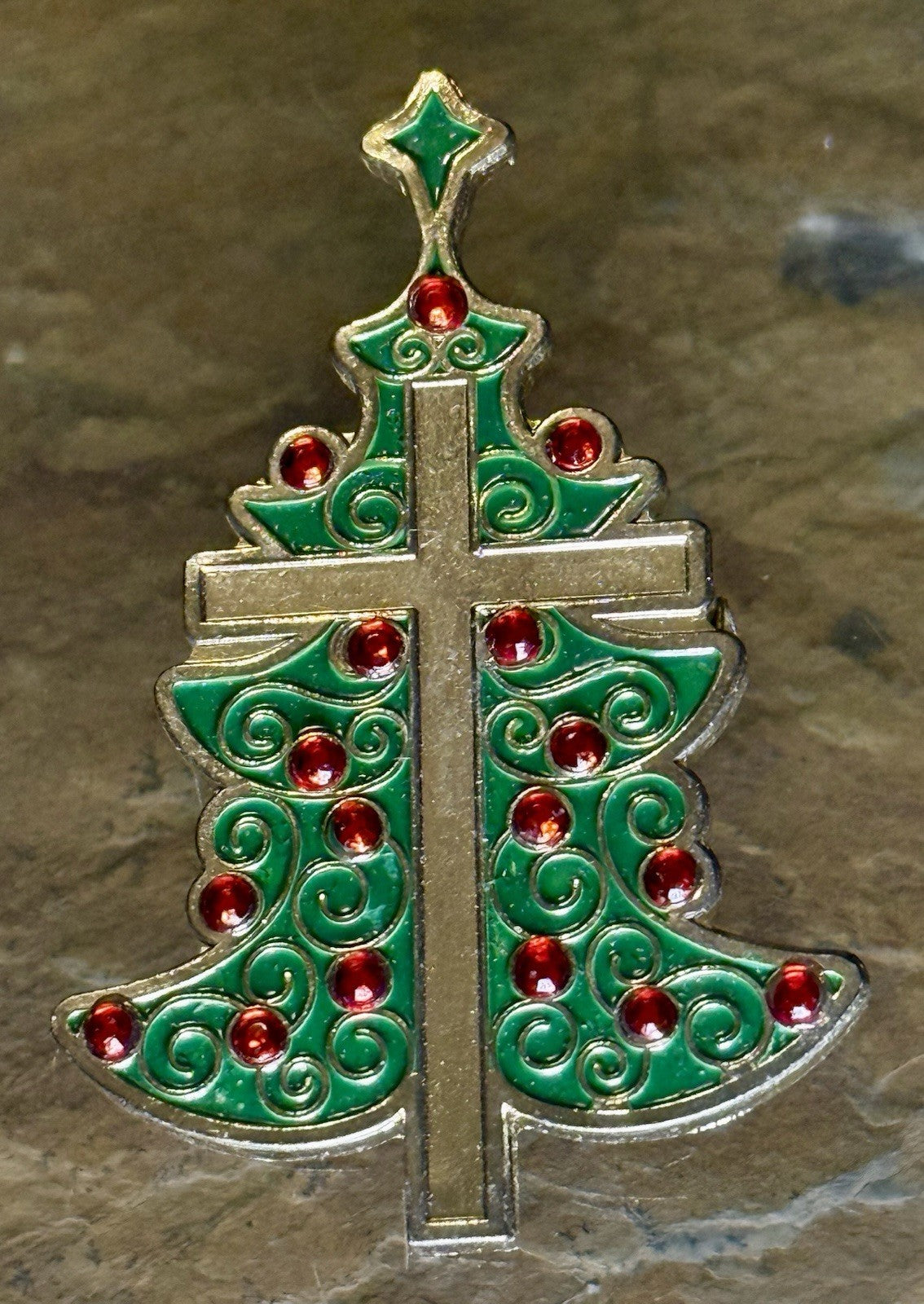 Vintage Enamel Christmas Tree Pin with Gold Tone Cross