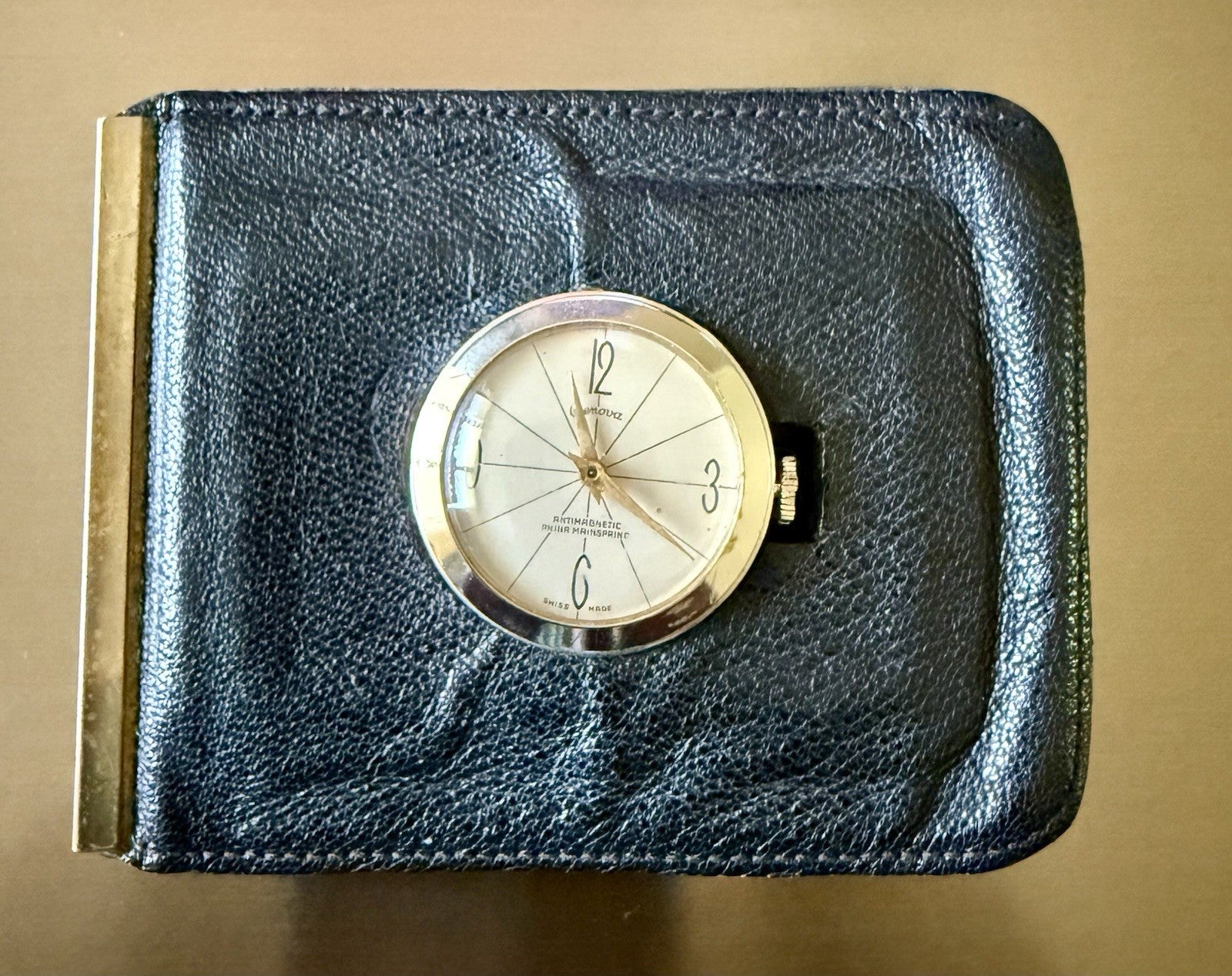 Vintage Moroccan Leather Folding Wallet w/ Swiss Made Genova Watch