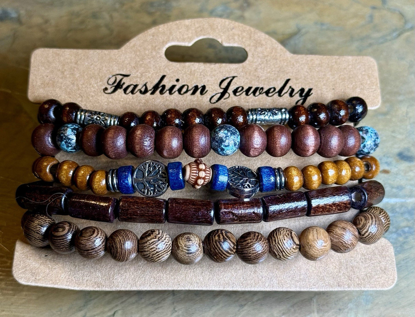 Men's Multilayer Wooden Bead Bracelet Set, Bohemian Style