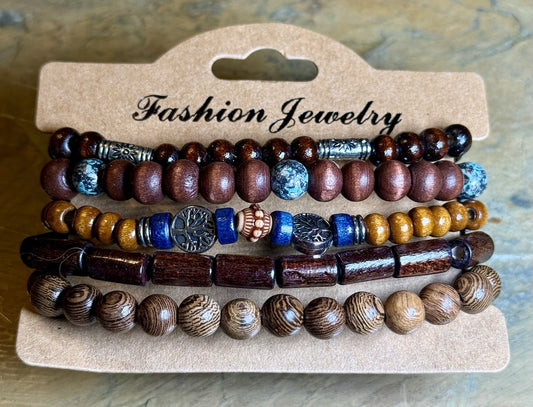 Men's Multilayer Wooden Bead Bracelet Set, Bohemian Style