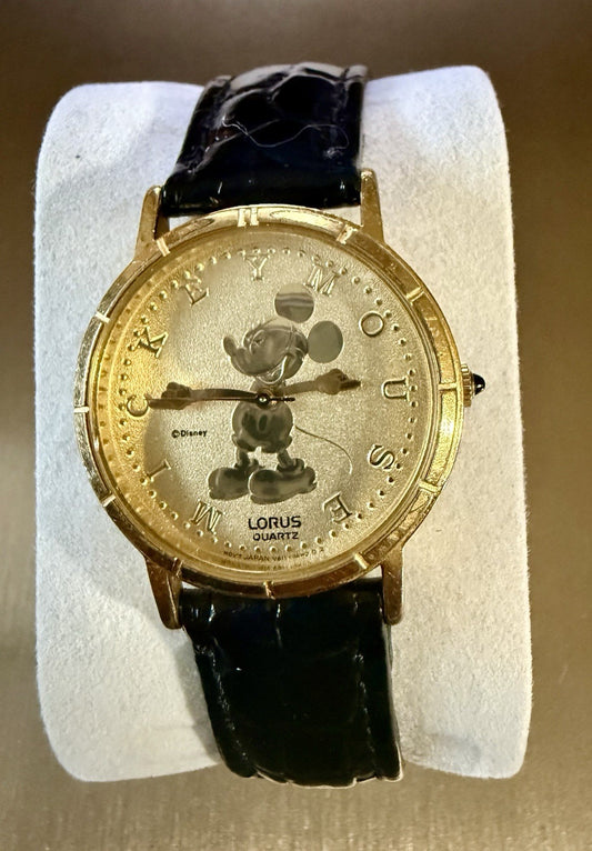 Lorus Quarts Mickey Mouse Women's Watch Vintage Gold Face with Leather Band