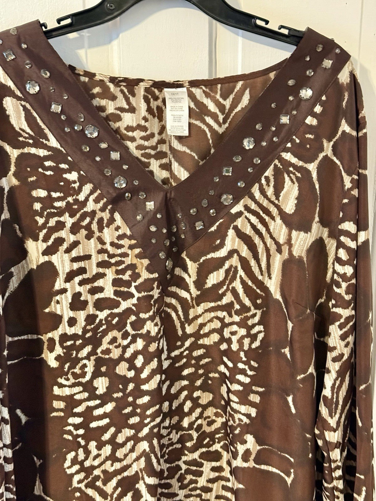 Vintage brown and beige animal print top with studded trim