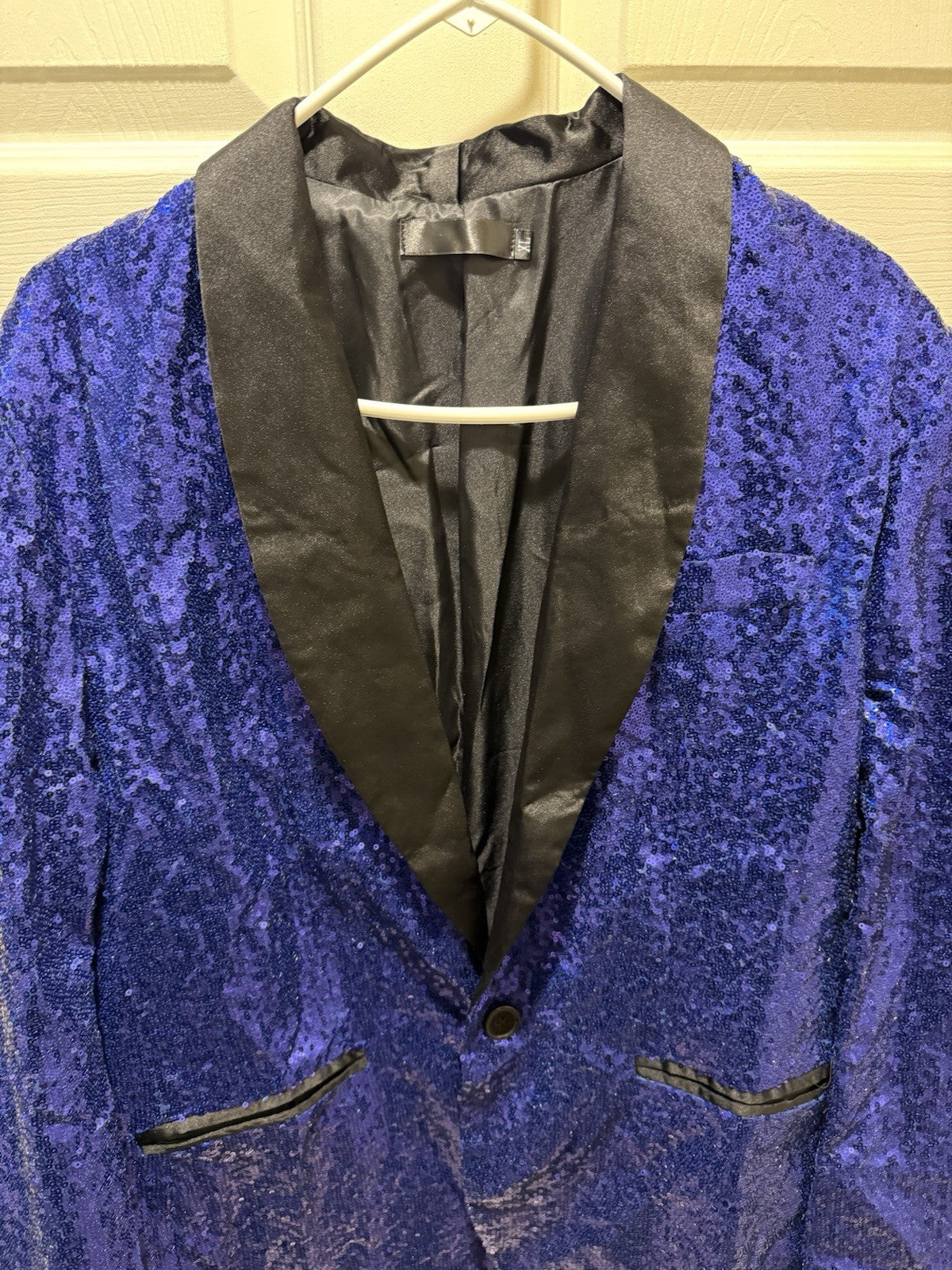 men's royal blue sequin blazer with a black satin shawl lapel-XL