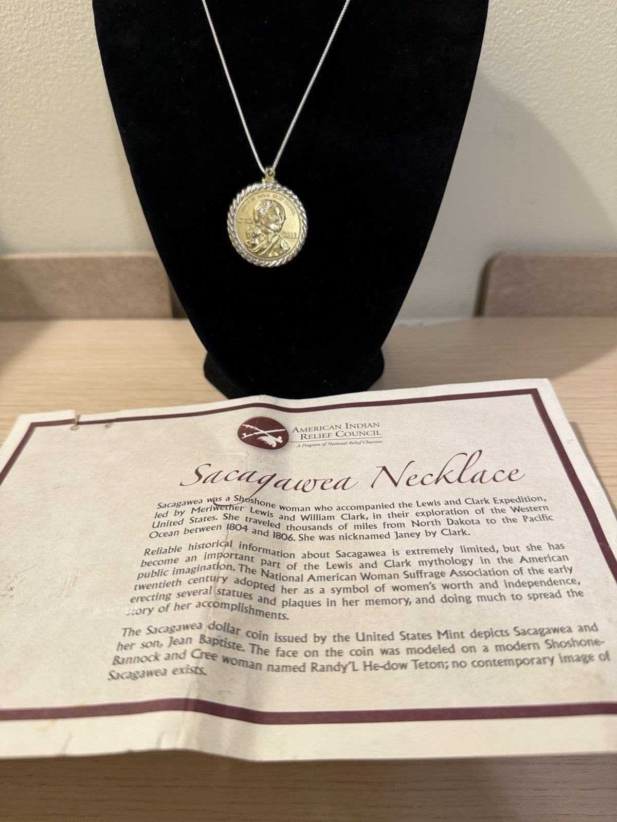 American Indian Relief Council Sacagawea Coin Pendant & Sterling Silver Necklace