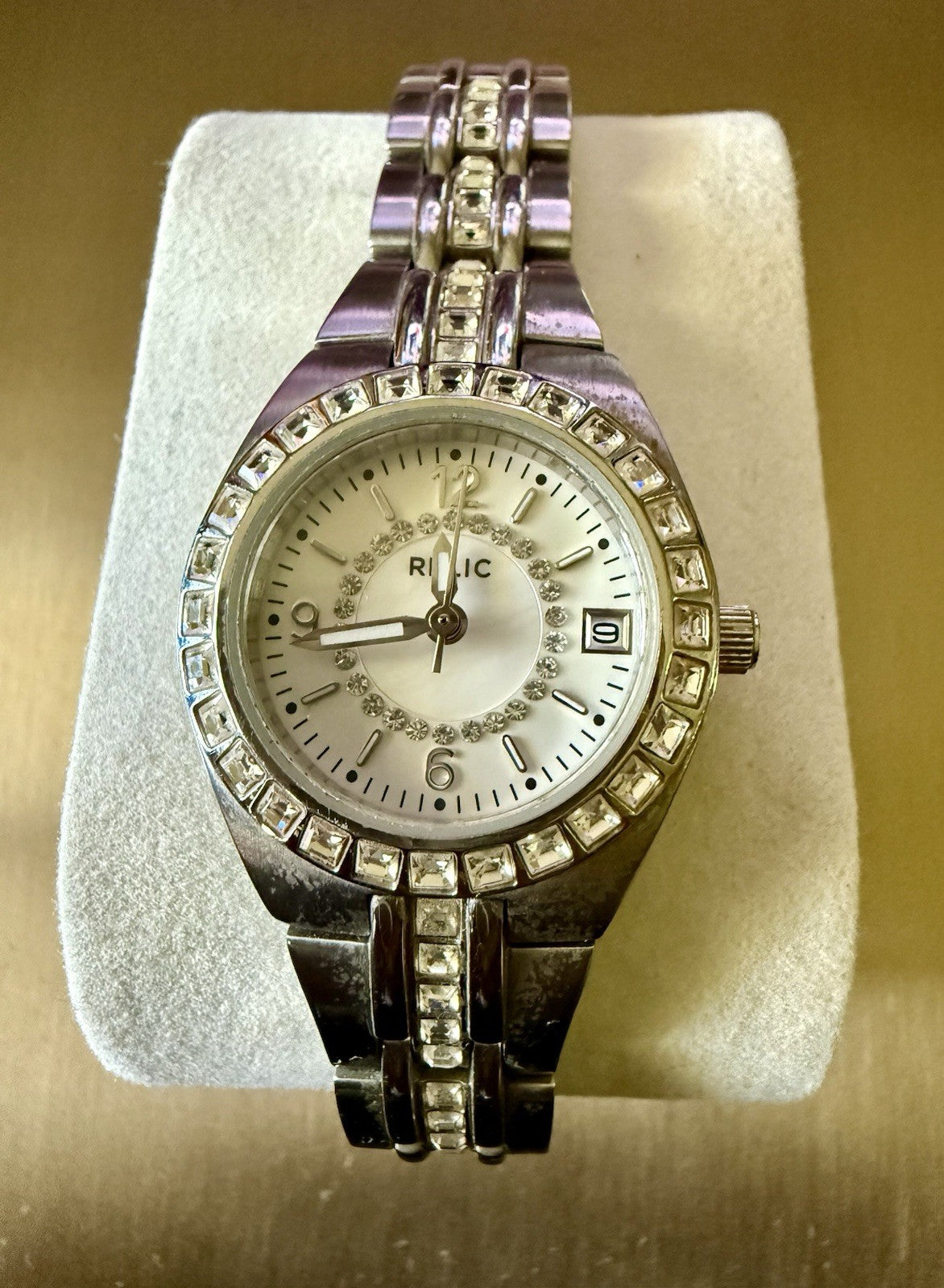 Relic Fossil Watch Women Crystals Silver Tone MOP Date Bling New Battery 6.5"