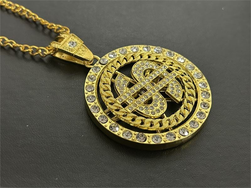 Gold Tone Necklace with Spinner Gold Tone $ Sign Charm