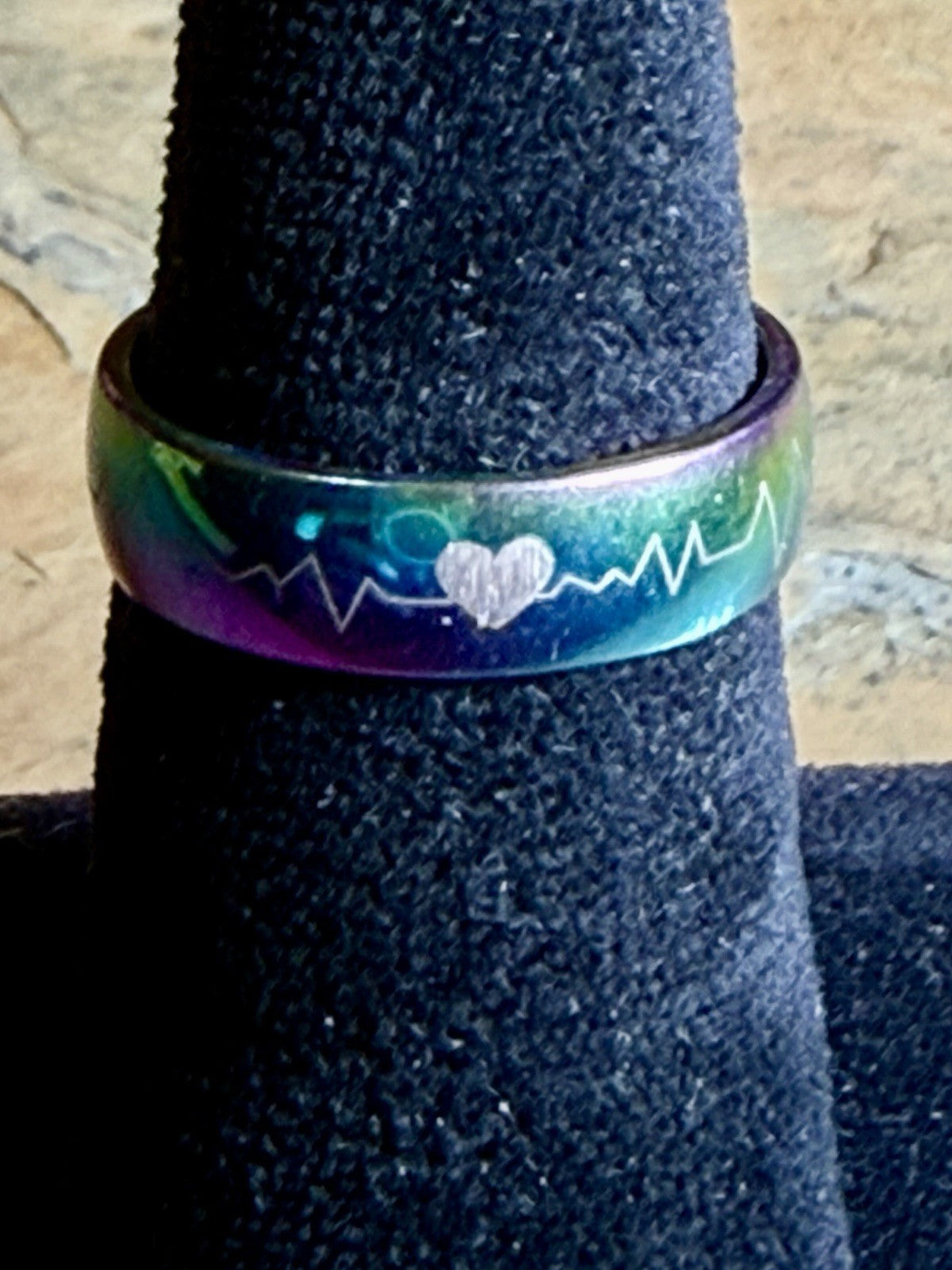 rainbow stainless steel heartbeat ECG mood ring - size 8.25