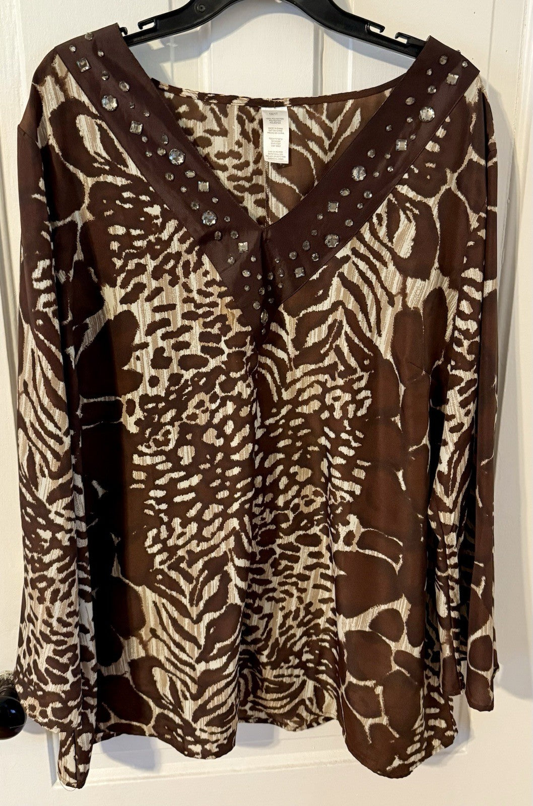 Vintage brown and beige animal print top with studded trim