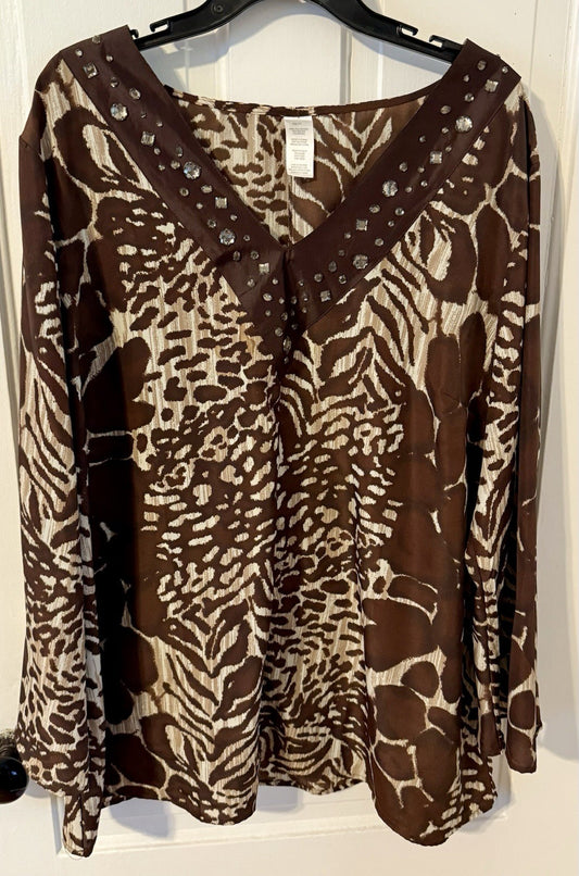 Vintage brown and beige animal print top with studded trim