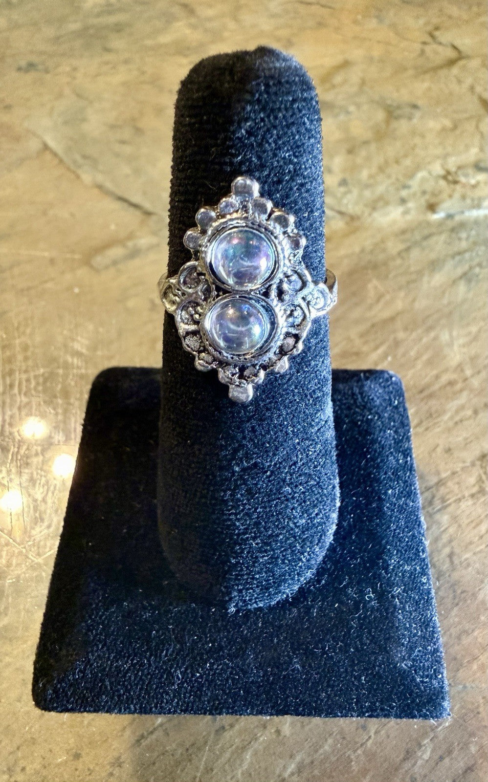 Vintage Sterling Silver Moonstone Ring Double Bubble Boho Filigree Oval