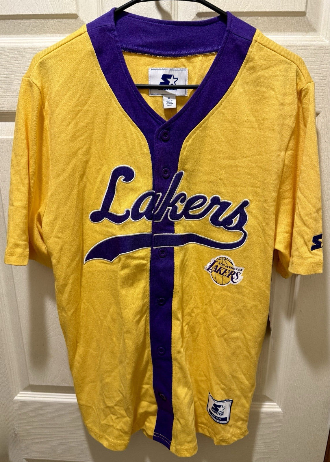 Starter Los Angeles Lakers NBA Baseball Jersey Mens Large Gold Button-Down New