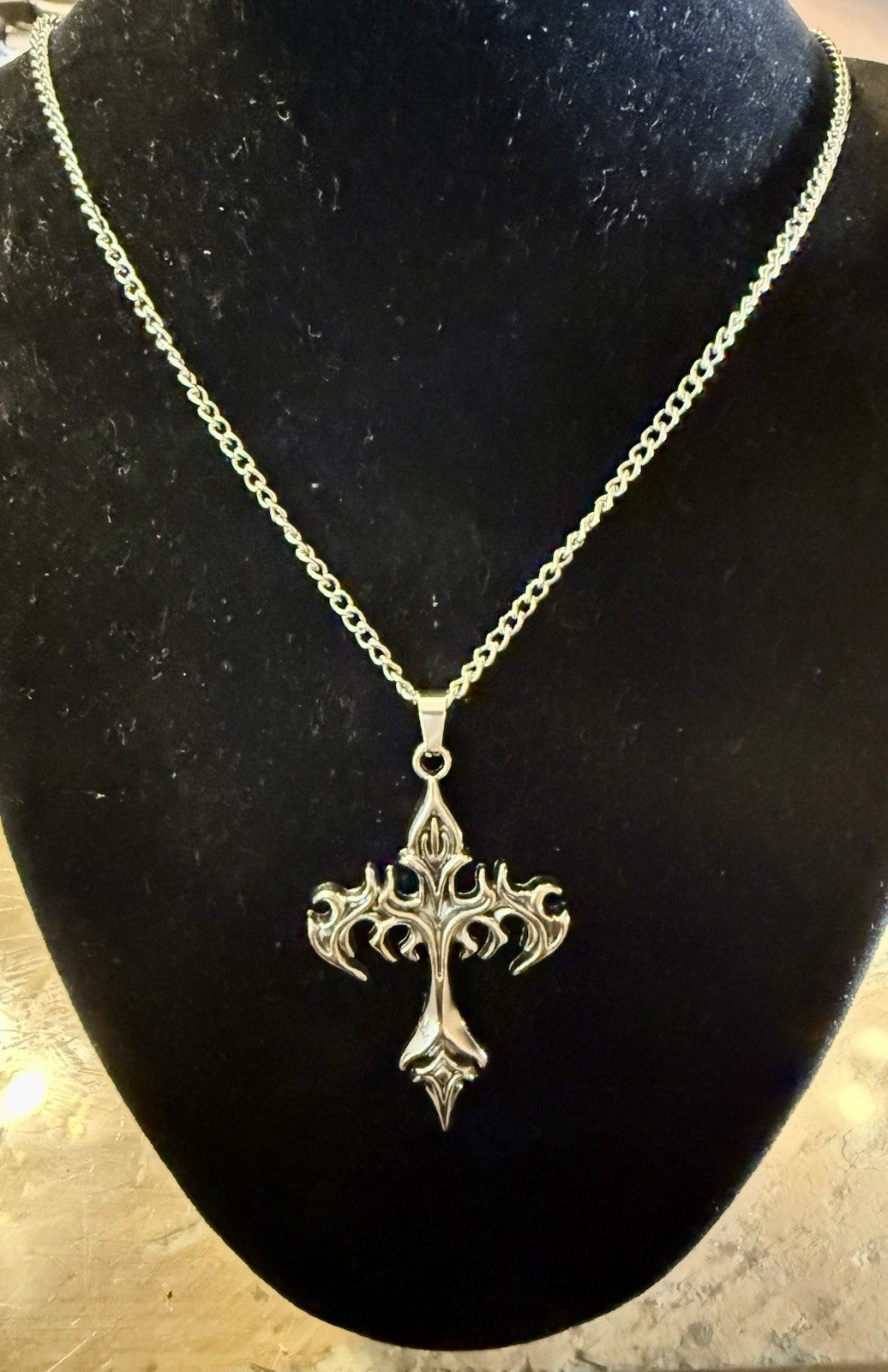 Stainless Steel Gothic Style Flame Cross Pendant Necklace - 24”