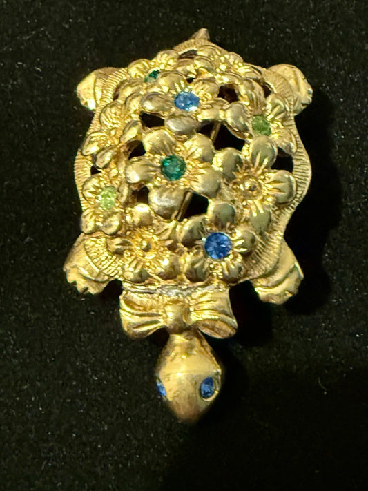 Avon Blue-Eyed Turtle Brooch Gold Tone Floral Multicolor Stones Pin 2" Vintage