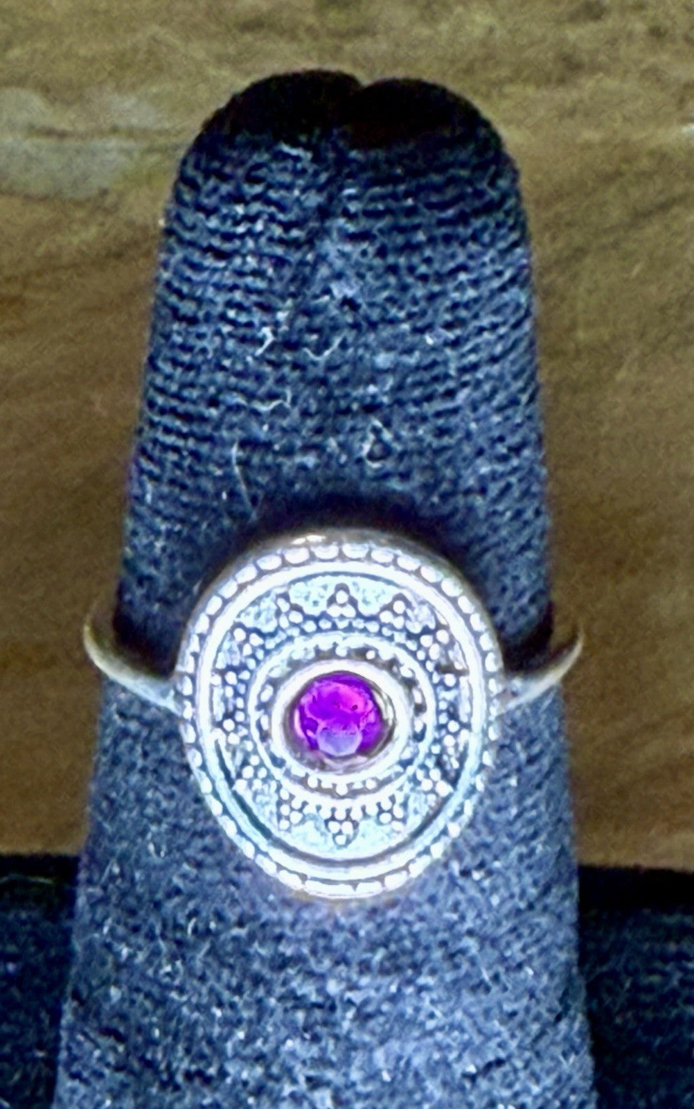 Vintage Sterling Silver Amethyst Ring Oval Purple Gem Bolo Filigree- Size 7.75