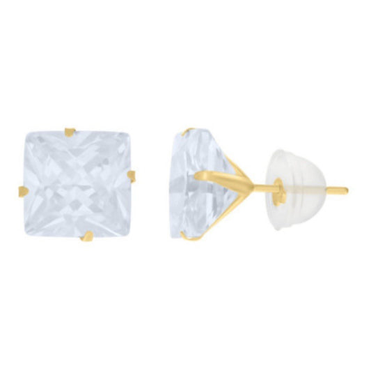 14kt Yellow Gold Unisex Princess Cut CZ Stud 8mm Push-back Earrings