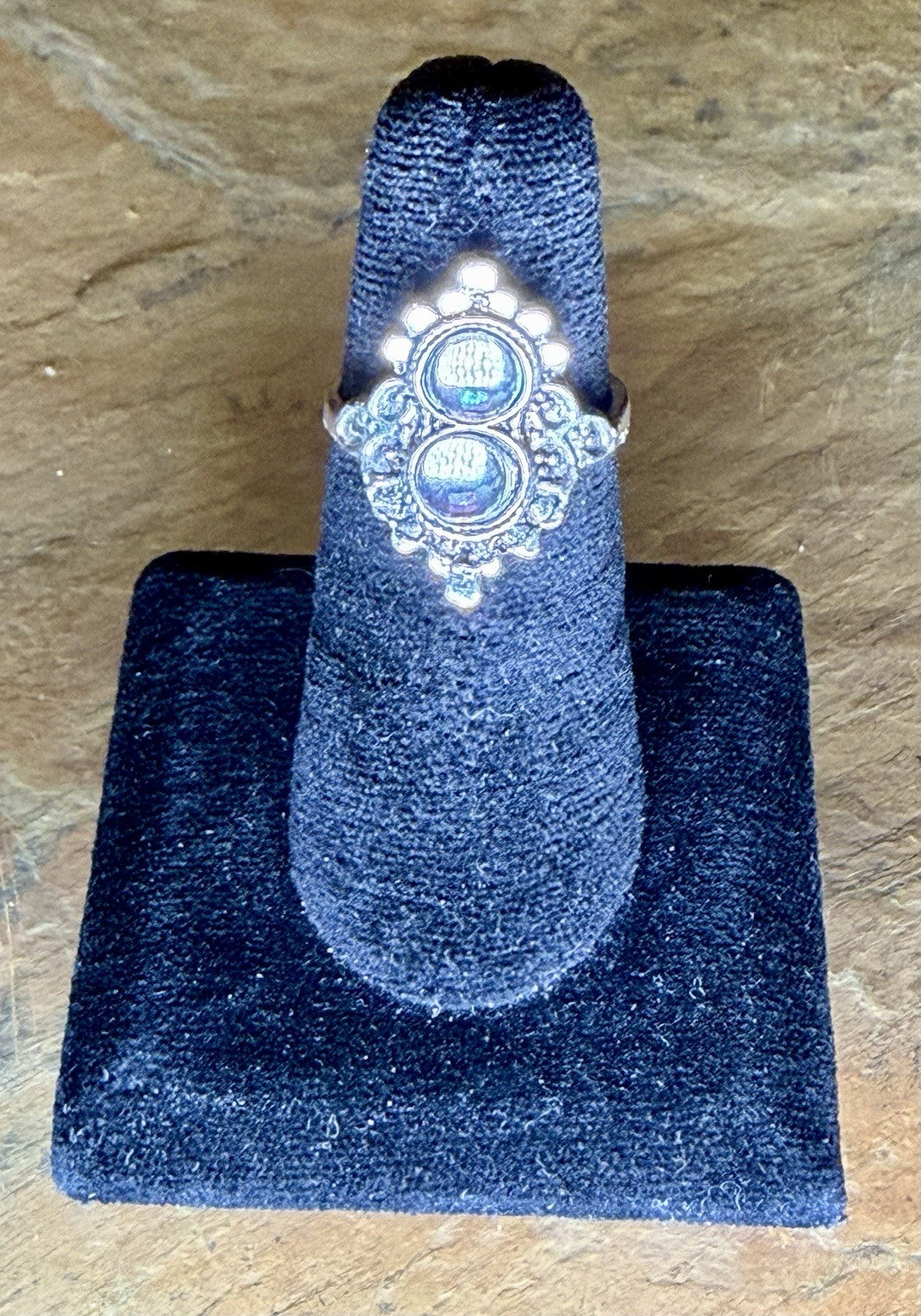 Vintage Sterling Silver Moonstone Ring Double Bubble Boho Filigree Oval
