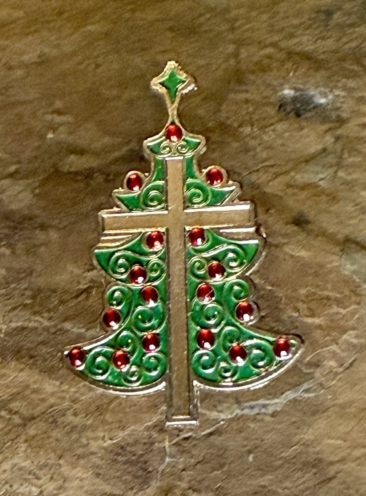 Vintage Enamel Christmas Tree Pin with Gold Tone Cross
