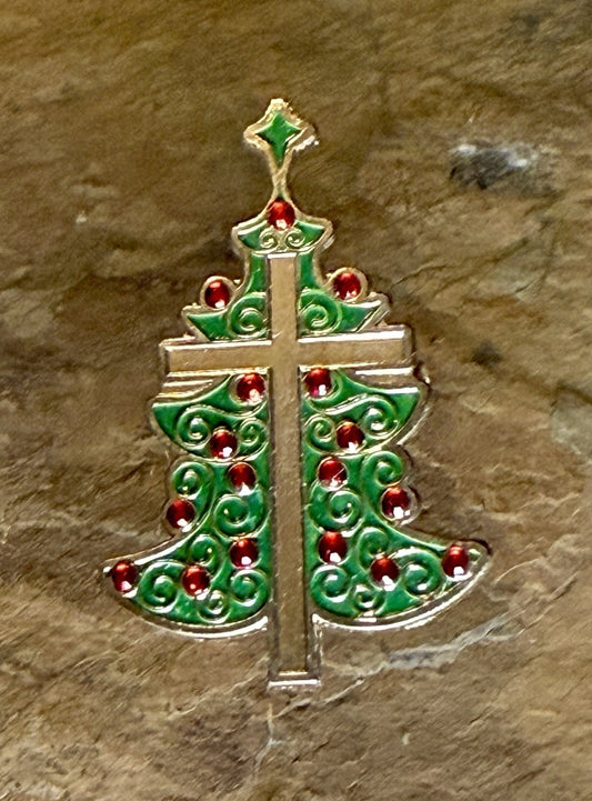 Vintage Enamel Christmas Tree Pin with Gold Tone Cross