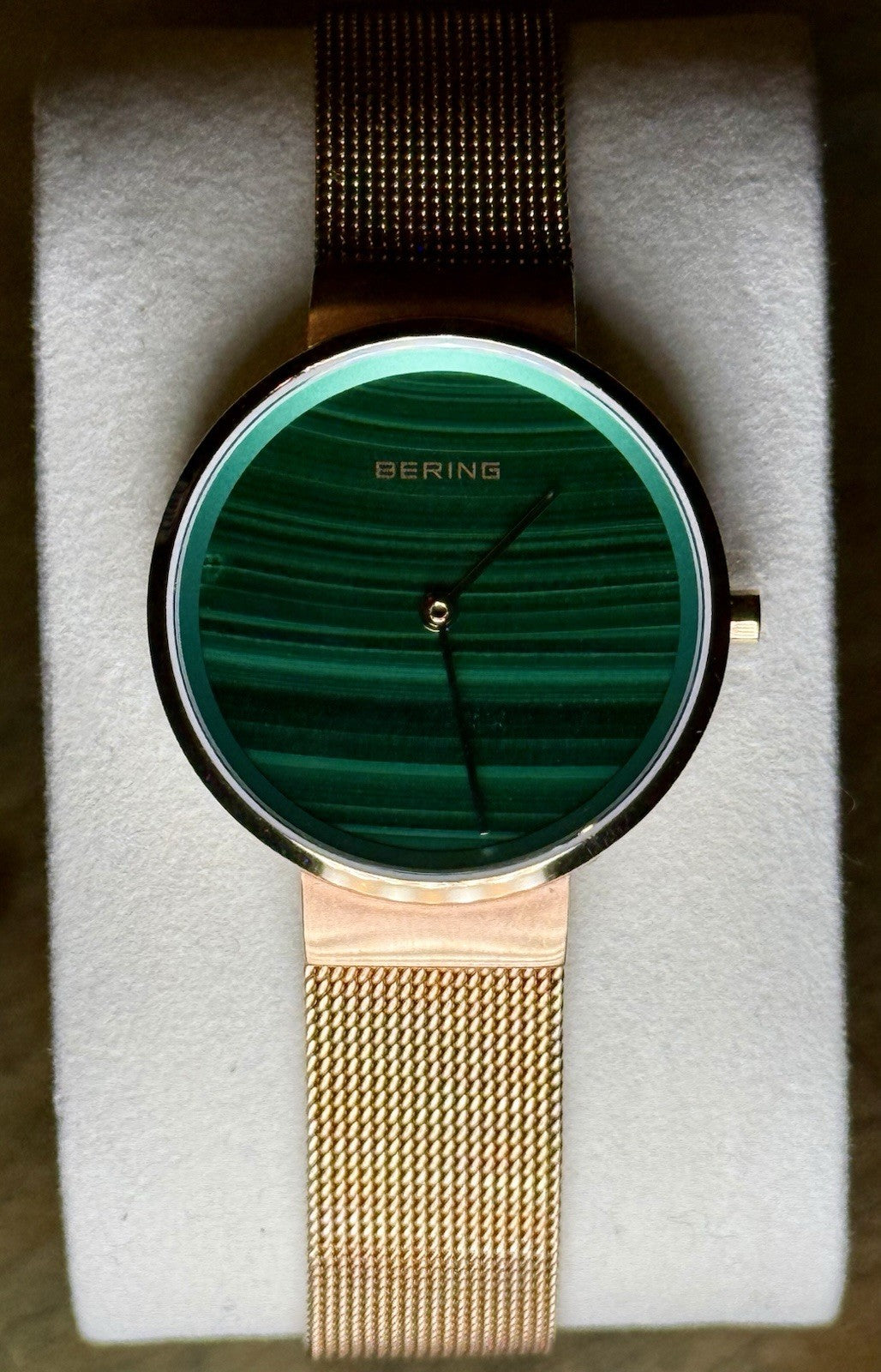 Bering Watch Womens 31mm Green Dial Rose Gold Mesh Sapphire 5ATM 14531-368 Slim