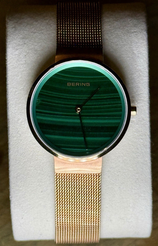 Bering Watch Womens 31mm Green Dial Rose Gold Mesh Sapphire 5ATM 14531-368 Slim