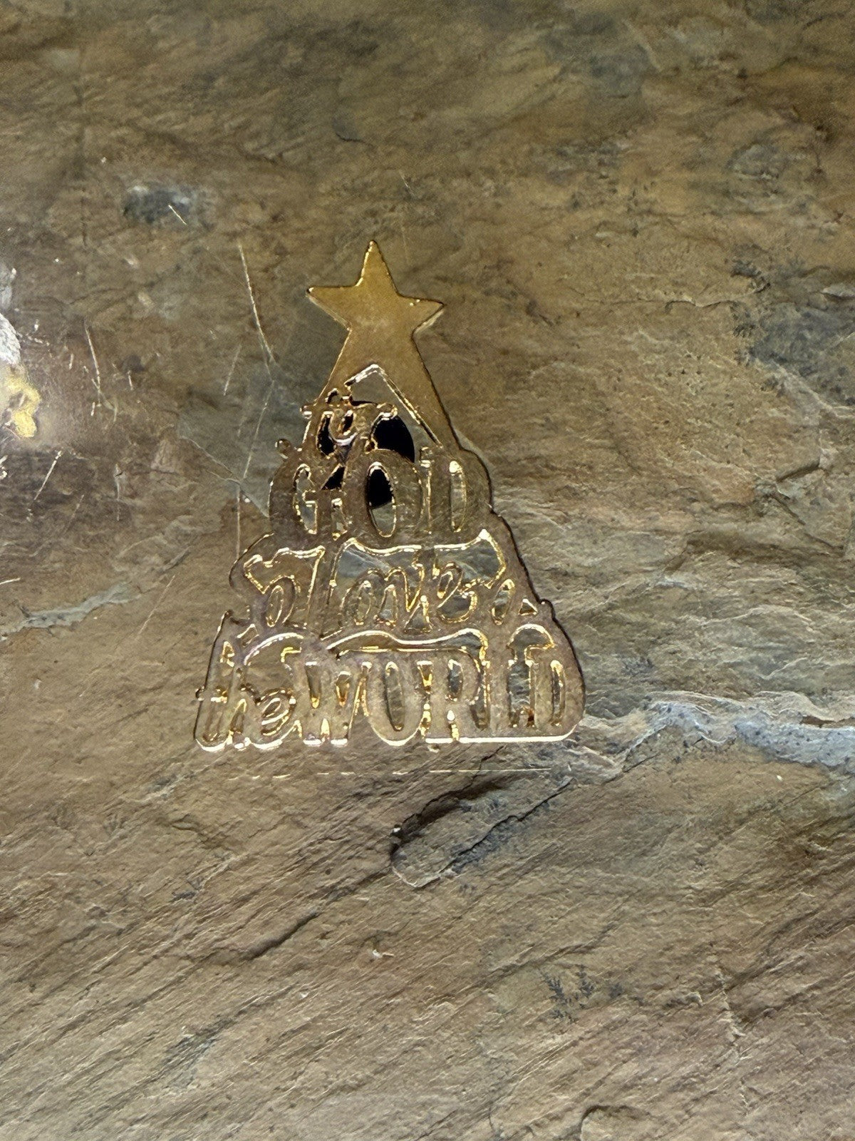 Vintage “For God So Loved The World" religious gold-tone lapel pin