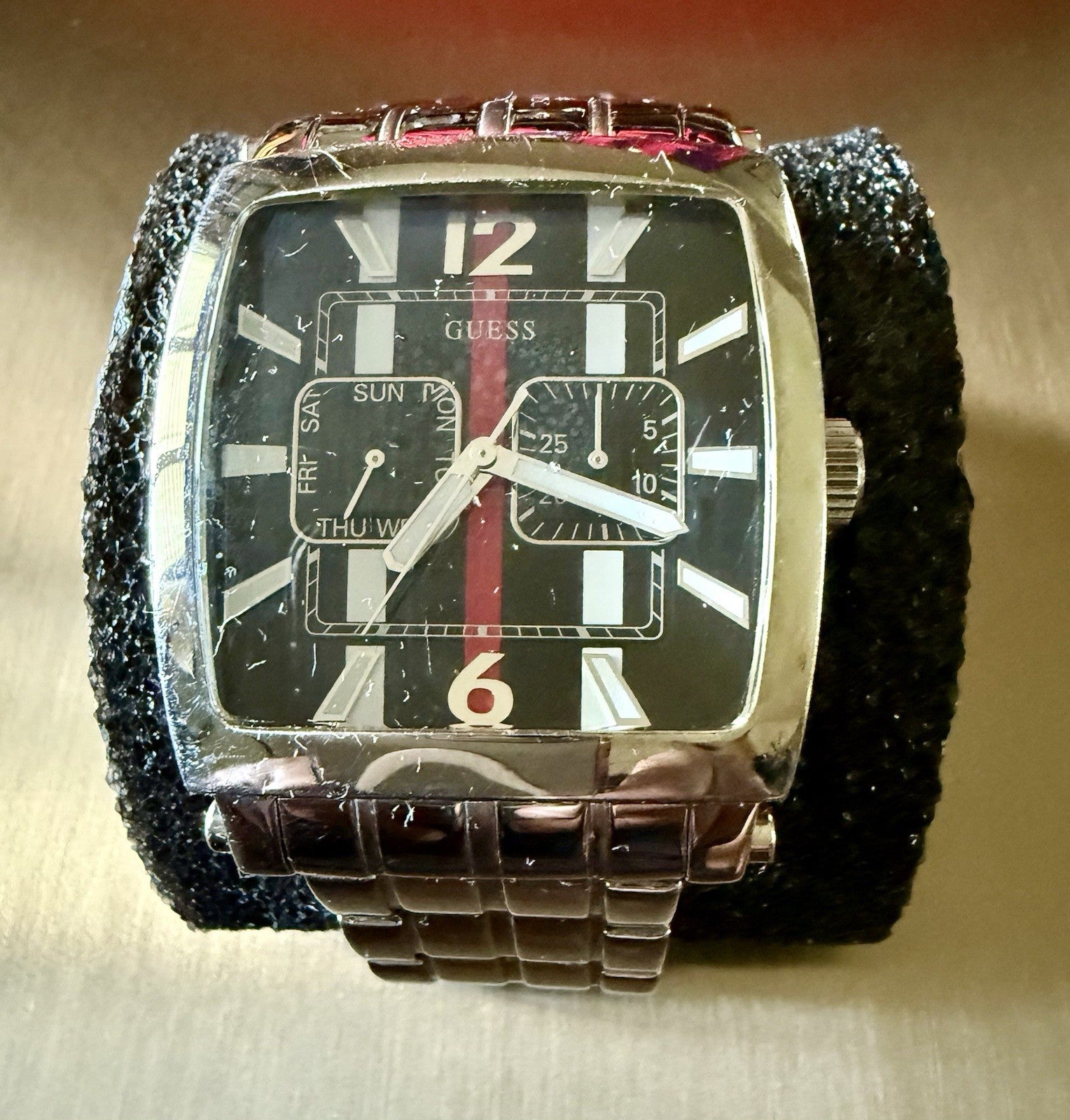 GUESS Watch G11657G Silver Tone SS Case Black Red and White Face