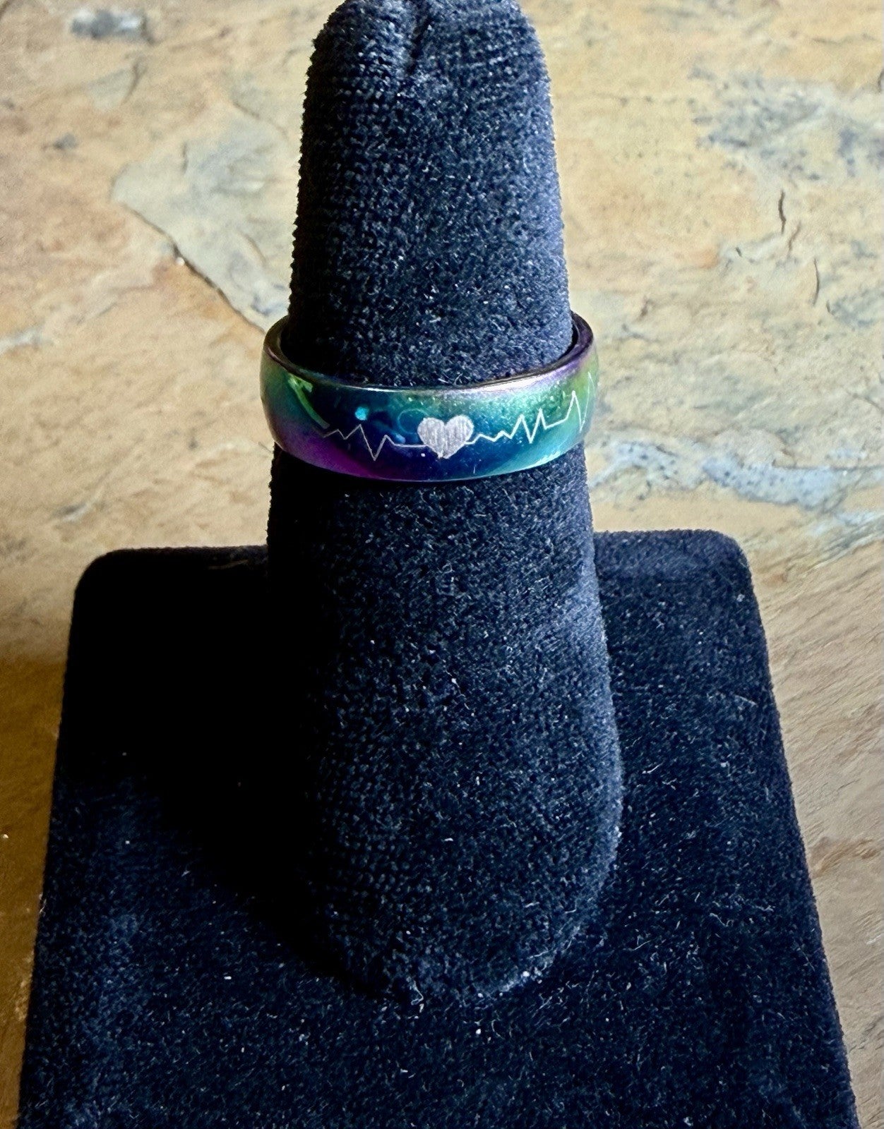 rainbow stainless steel heartbeat ECG mood ring - size 8.25