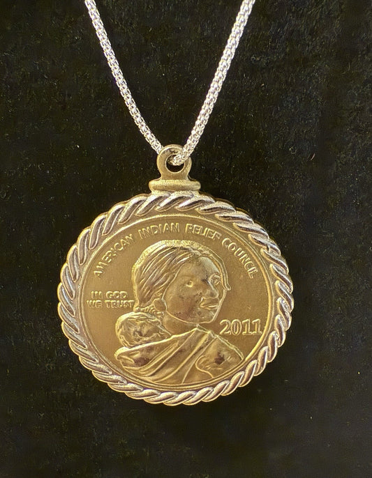 American Indian Relief Council Sacagawea Coin Pendant & Sterling Silver Necklace