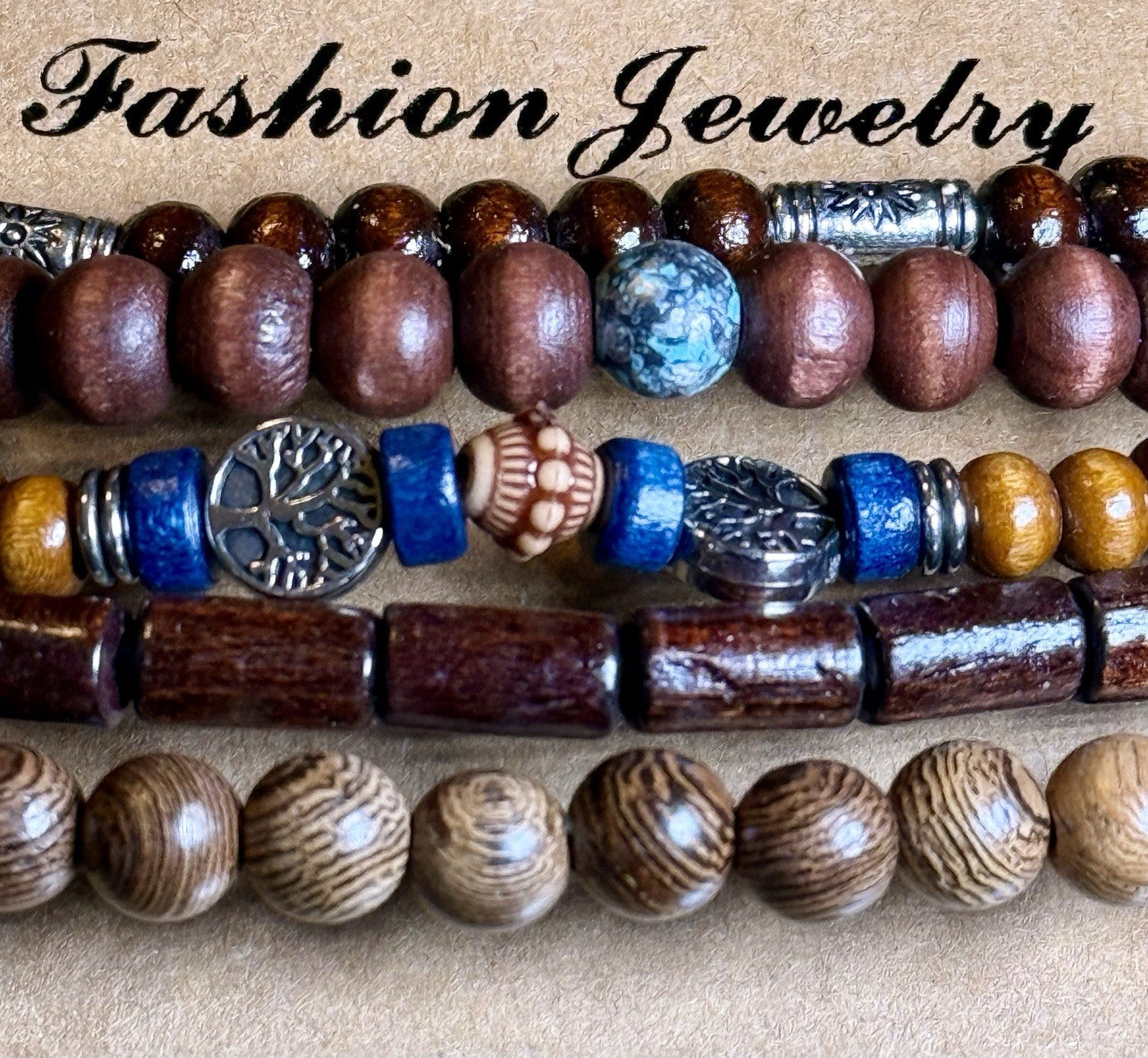 Men's Multilayer Wooden Bead Bracelet Set, Bohemian Style