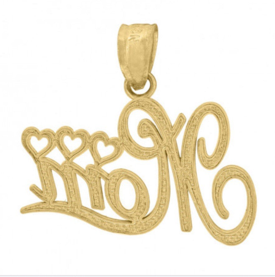 10k Two-Tone Gold Textured Mom Heart Charm Pendant for Women 0.7gm