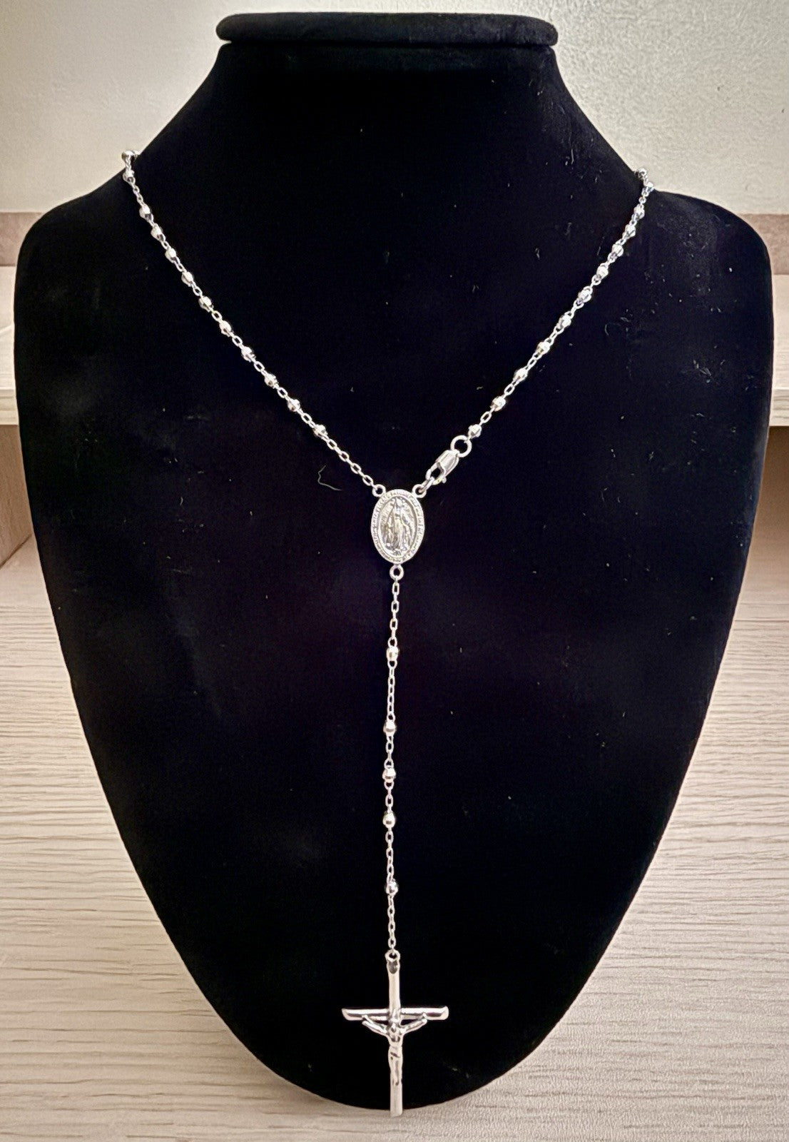 Sterling Silver Rosary 3mm- Rhodium Plated - 18”