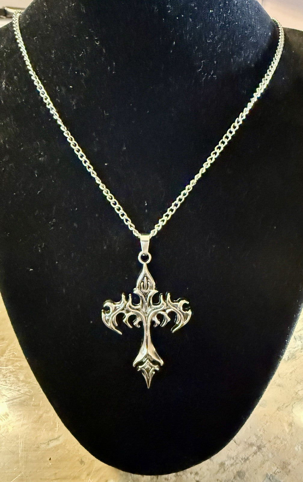 Stainless Steel Gothic Style Flame Cross Pendant Necklace - 24”