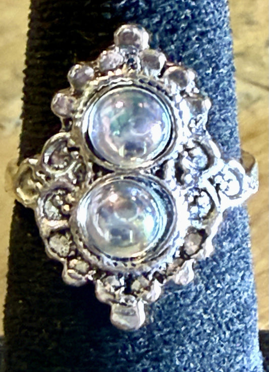 Vintage Sterling Silver Moonstone Ring Double Bubble Boho Filigree Oval