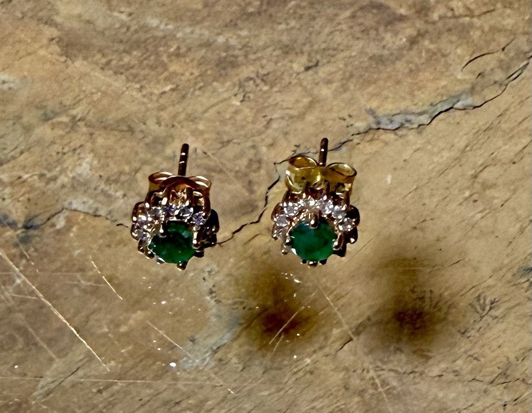 Vintage 10K gold Diamond And Emerald Earrings 