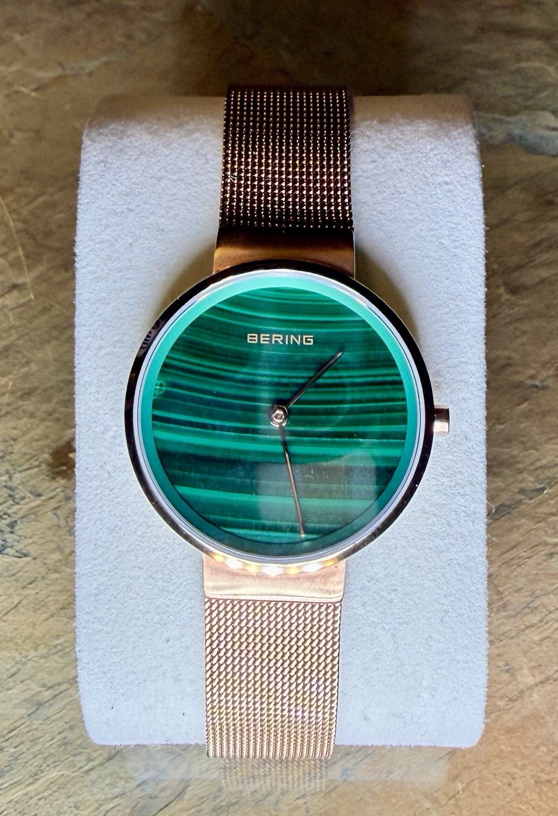 Bering Watch Womens 31mm Green Dial Rose Gold Mesh Sapphire 5ATM 14531-368 Slim