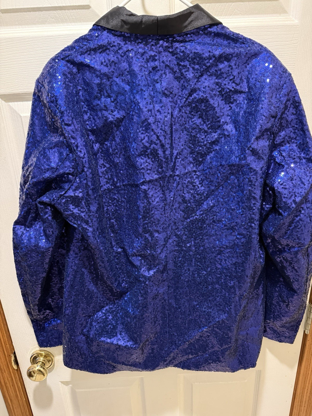 men's royal blue sequin blazer with a black satin shawl lapel-XL