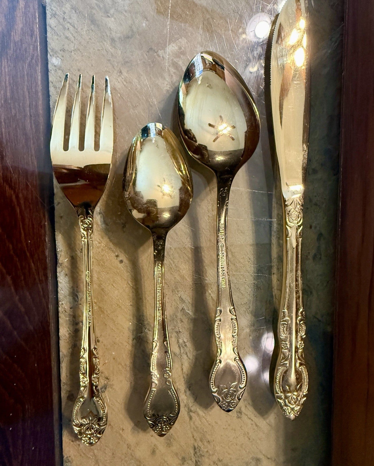 Vintage Rogers Silverplate Flatware Set Ornate Floral Handle in Wood Box