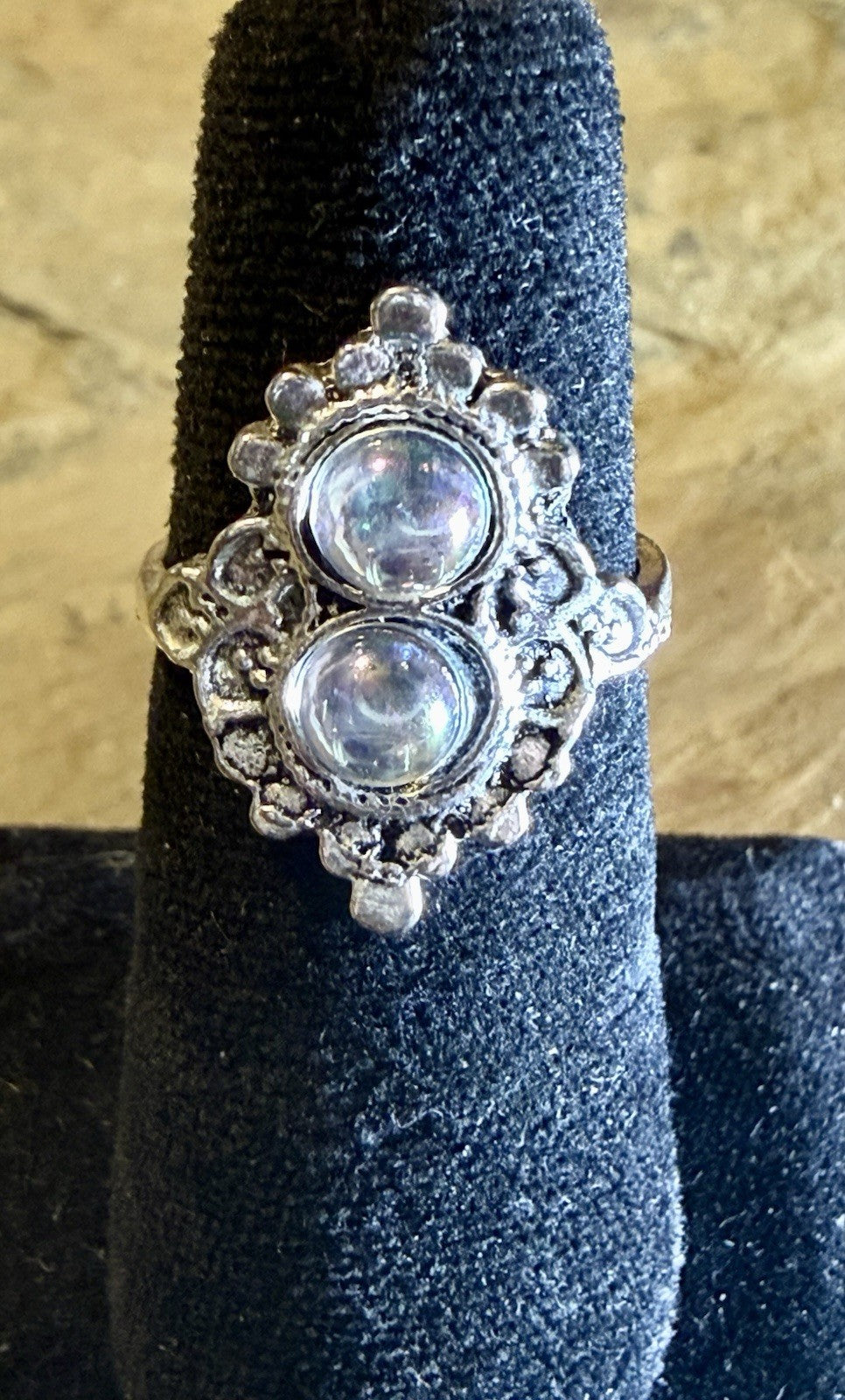 Vintage Sterling Silver Moonstone Ring Double Bubble Boho Filigree Oval