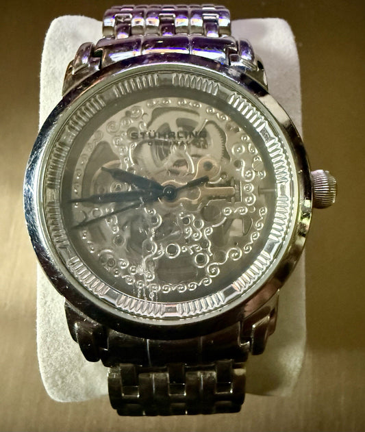 Stuhrling Original Stainless Steel Polished Link Men’s Watch. Skeletonized Dial